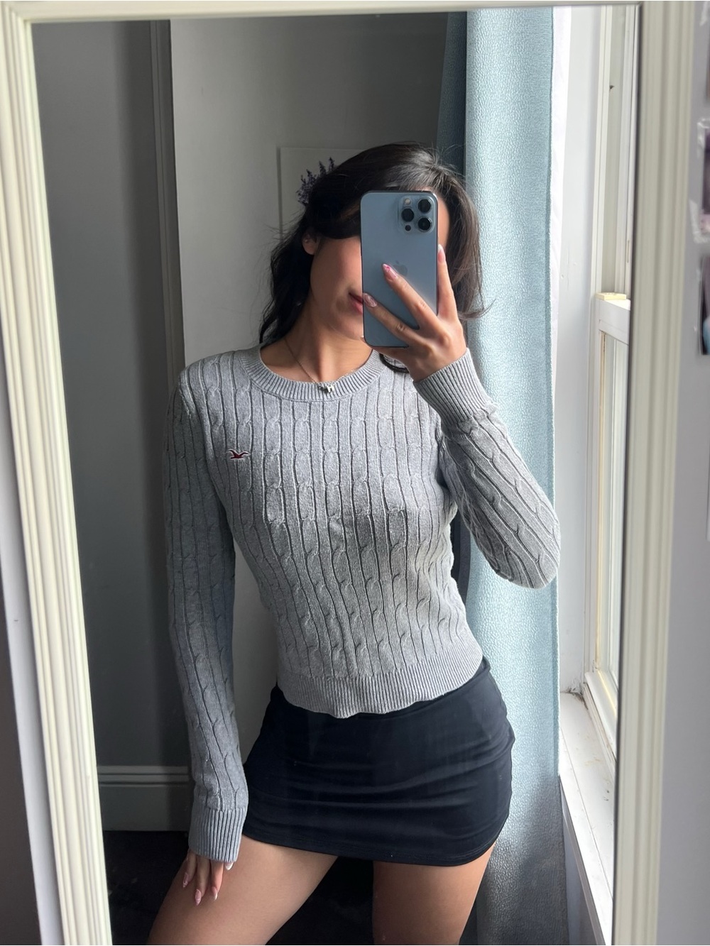 Hollister Gray Cable Knit Crewneck Sweater